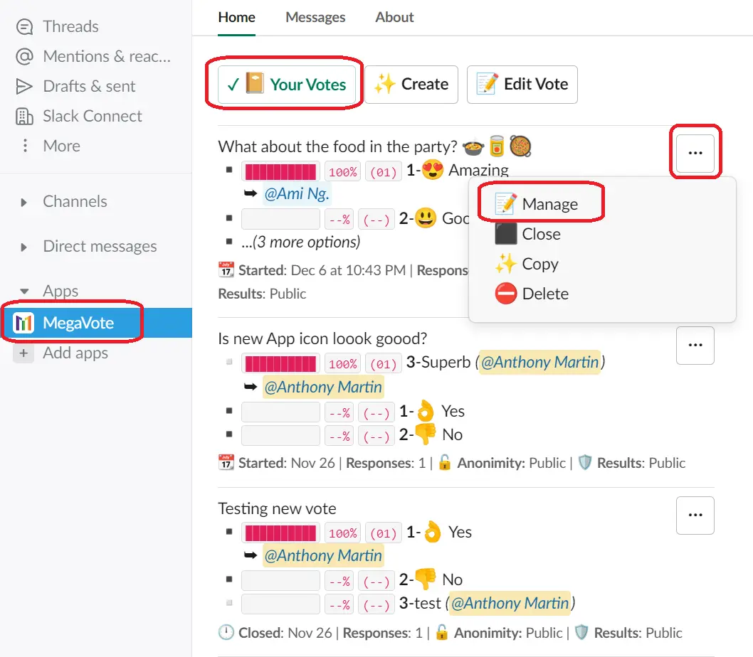 View the votes you created and those still running