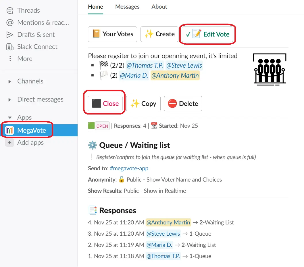 Edit each vote, manage its results, and perform actions